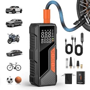 ضاغط الهواء المحمول في الإطارات ، نفخ الإطارات مع بنك كهربائي ومصباح يدوي LED ، مضخة قابلة لإعادة الشحن اللاسلكية للسيارات ، الدراجات ، الكرات ، مقياس الضغط الرقمي ، محول طاقة السيارة 12 فولت