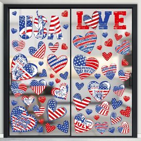 104Pcs Patriotic Window Clings, Memorial Day Decor Red White Blue Double-Sided USA Stars Fireworks Shape Stickers for 4th of July Independence Day Veterans Party Supplies Home Office, 9 Sheets