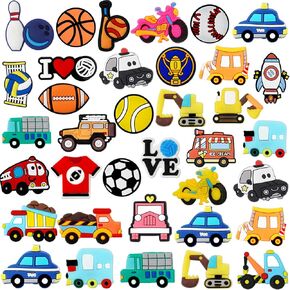 Shoe Charms Accessories for Boys – 36 PCS Assorted Set for Little Kids, Toddlers, and Teens – Sports, Cars, Construction Vehicles, Trucks and Space Themes – Fun Shoe Decorations, Gifts