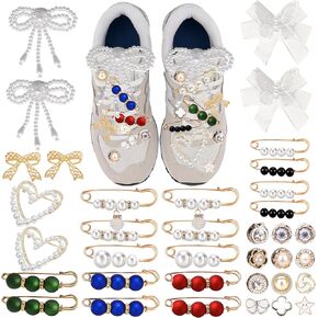 36PCS Shoe Charms for Sneakers,Jewelry Bows Charm Decorations for Shoelace,Safety Pin Brooch Pearl Clips for Women,Sneaker Charms DIY for Girly Junk Sock Clothes Sweater Hat Pant
