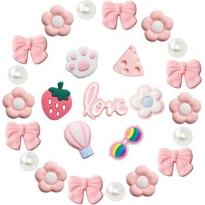 25PCS Cute Shoe Charms for Girls & Women, Colourful Aesthetic DIY Accessories with Pearl, Bowknot, Flower, Strawberry, Cherry for Party, Travel, Birthday Gifts