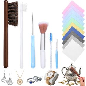 XANGNIER Jewelry Cleaning Kit,16 Pcs Jewelry Cleaner Brush Tool Set-Cleaning Polishing Cloth,Big&Small Hole Brush,Needles and Crevice Brush for All Jewelry,Ring,Gold,Diamond,Earring,Sterling Silver