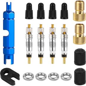 Valve Core Repair Kit for Presta, 4 Valve Cores 4 Valve Core Caps 4 Nuts 2 Plastic Caps 2 Converters and 2 Plastic & Alloy Valve Stem Dismantle Removal Tool for Bike Tire Application