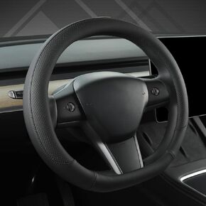 West Llama Nappa Leather Car Steering Wheel Cover for Tesla Model 3(2018-2025),Model Y(2018-2025) 14-14.24 inch(D-Shaped-Black+White)