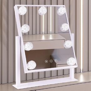 Lighted Makeup Mirror Hollywood Mirror Vanity Mirror with Lights, Touch Control Design 3 Colors Dimable LED Bulbs, Detachable 10X Magnification, 360°Rotation, (White) 12" L x 14" W