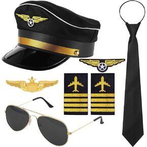 Pilot Captain Costume Accessories, Pilot Costume with Captain Hat Pin Tie Badge Shoulder Straps Sunglasses