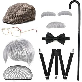 Old Man Costume Accessories Set Old Man Wig Hat Cane Faux Eyebrows Mustache Suspenders Bow Tie for Grandpa Halloween Cosplay
