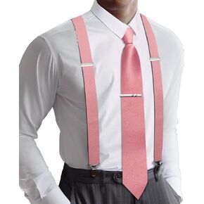 Barry.Wang Solid Suspenders and Silk Tie Sets for Men Adjustable X-Back 6 Clips Wedding Necktie Pocket Square Tie Clip 4PCS