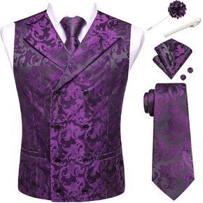 Hi-Tie Double Breasted Suit Vest Men Paisley Floral Waistcoat Tie Lapel Pin Handkerchief Cufflinks Tie Clip Suit Tuxedo 6PCS