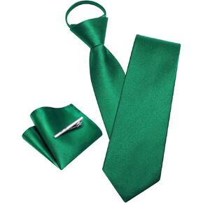 Barry.Wang Solid Color Pre-tied Ties for Men Zipper Necktie and Pocket Square Tie Clip Set Adjustable Neck Tie Wedding