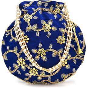 IGH Handmade Women's Velvet Embroidered Potli Purse | Indian Drawstring Bag Green Ethnic Handbag for Weddings & Parties 1 Pcs