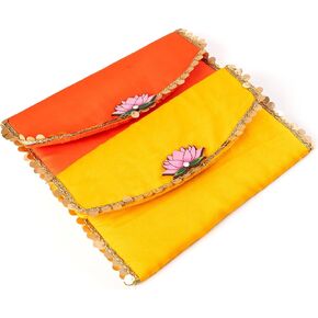 Handmade Purse WalletHand Stitched Traditional Ethnic Golden Work Special Occasion and Gifting (Yellow - 7.5"x5")