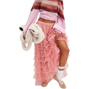 UAURORAO Women Tulle Slip Maxi Skirt Ruffle Pleated Lace Slip Skirt See Through Underskirt Layered Tutu Skirt Petticoat