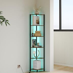 ZIYOO 6 Tier Corner Shelf with Light, 65.3" Tall LED Corner Shelves, Corner Shelves Standing with Metal Frame, Corner Bookshelf for Bedroom, Living Room, Home Office, Bathroom, Small Space