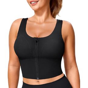 TrainingGirl Zip Front Closure Longline Sports Bras for Women - Workout Crop Tank Tops Yoga Camisole Criss Cross Back