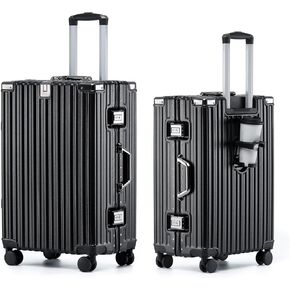 HotWay 20 Inch Aluminum Frame Carry On Luggage with Spinner Wheels, PC Hard Shell Suitcase with Cup Holder, Zipperless Luggage for Business Travel, Black