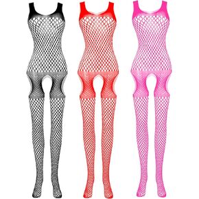 Three Combinations Fishnet Bodysuit for Women, Mesh Lingerie Crotchless Jumpsuit, See Through Bodystockings Lingerie Outfits, 3-Color Set