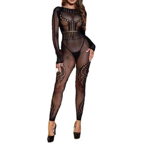 Fishnet Bodysuit Rave Outfits Crotchless Body Suits For Women Plus Size Fishnet Lingerie Mesh Bodystocking(Black)