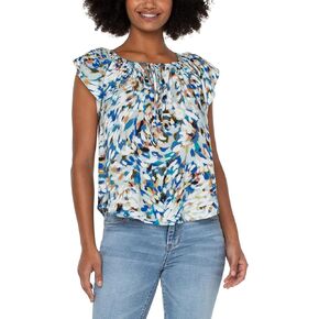 Liverpool Petal Sleeve Woven Top with Neck Ties Brushstroke Starburst Print XL
