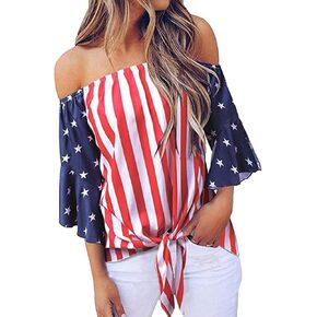 Anna-Kaci Women's USA American Flag Patriotic Off The Shoulder Blouse Shirt Top
