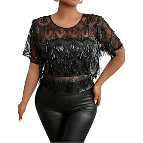 SHENHE Women's Plus Size Sequin Tassel Top Sheer Mesh Sexy Short Sleeve Cropped Going Out Top Blouse
