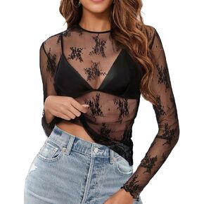 Buauty Mesh Long Sleeve Top for Women, Lace Sheer Tops See Through Mock Neck Leopard Embroidery Sheer Blouce Shirt