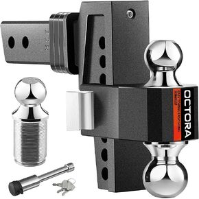 Aluminum Tri-Ball Adjustable Trailer Hitch (Fits 2-Inch Receiver) - Tow Hitch with 6-Inch Drop/Rise for Truck (12,500 LBS GTW) - Anti-Rattle Drop Hitch (Blk)