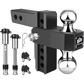 METOWARE Adjustable Trailer Hitch - Aluminum Drop Hitch Fits 2-Inch Receiver - Heavy Duty Trailer Hitch with 6-Inch Drop/Rise for Truck (12,500 LBS GTW), Double Stainless Steel Hitch Lock(Black)