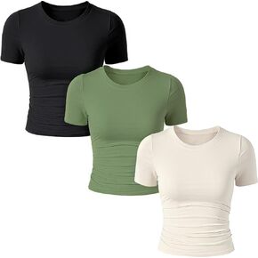 Coume 3 Pack Womens Short Sleeve Crew Neck Ruched T Shirts Summer 2025 y2k fit fit tees stretcy basic tee tops tops