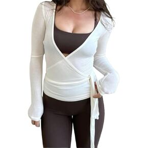 Women Yoga Tie Wrap Top Long Sleeve Deep V Neck Ballet Wrap Blouse Workout Slim Fit Top Gym Yoga Sport Cover Up