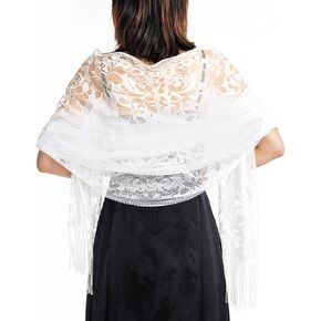 Lace Shawl for Women's Floral Lace White Shawl with Tassels, Soft Mesh Fringe Wraps, Lace Shawl for Evening Dresses Boho Shawl for Women Mesh Wedding Formal Shawl Evening Party Dresses