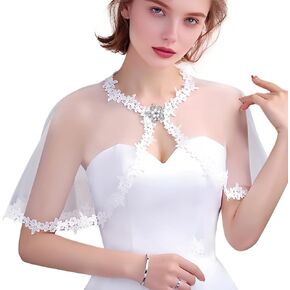 White Lace Shawl Wraps For Women Formal, Bolero Shrugs Shoulder Cover For Evening Dresses Formal, Wedding Bridal Cape Lace Cover Up Chiffon Scarf