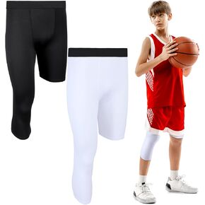 Hercicy 2 Packs Boys' Youth One Leg 3/4 Compression Tights for Basketball Capri Tights Athletic Base Layer Pants