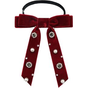 Velvet Ribbon Bow Ties for Women/Men, Rhinestone Adjustable Necktie Girls Bowtie for Party Causal School Uniforms