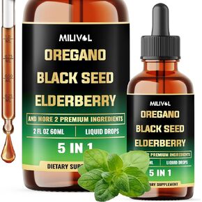 5in1 Oregano Oil Liquid Drops with Black Seed, Elderberry, Garlic, Olive Leaf - Immune Support Supplement - 2 Fl Oz