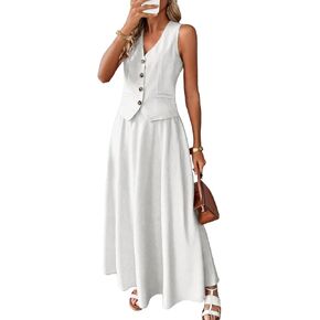 ELLEVEN 2 Piece Linen Sets for Women Summer Outfit,V-Neck Vest Top & Flowy Maxi Skirt