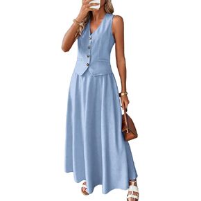 مجموعات من الكتان 2 قطعة للنساء الصيفية ، و Vest Vest Top & Flowy Maxi Skirt in Kuwait