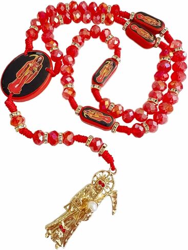 BONITTER Black Holy Death's Necklace Wooden Santa Muerte Necklace Red Rosaries Beads Blessing Crafted Rosario de la santa muerte Prayer Gift For Women Men in Kuwait