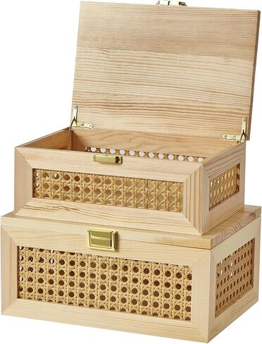 Decorative Rattan Storage Boxes Solid Wood Woven Baskets Bins with Lid Keepsake Memory Jewelry Box Natural Boho Shelf Wicker Closet Desk Organizer Container (Walnut Color, Large Size) in Saudi Arabia