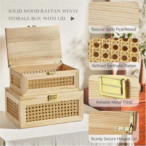 Decorative Rattan Storage Boxes Solid Wood Woven Baskets Bins with Lid Keepsake Memory Jewelry Box Natural Boho Shelf Wicker Closet Desk Organizer Container (Walnut Color, Large Size) in Saudi Arabia