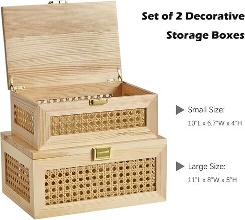 Decorative Rattan Storage Boxes Solid Wood Woven Baskets Bins with Lid Keepsake Memory Jewelry Box Natural Boho Shelf Wicker Closet Desk Organizer Container (Walnut Color, Large Size) in Saudi Arabia
