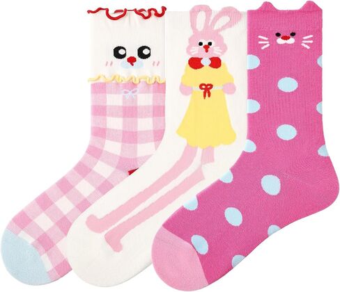 Teen Girls Cute Cat & Rabbit Cartoon Crew Socks Vibrant Multi-Color Animal Prints 3-Pack Funky Socks in Saudi Arabia