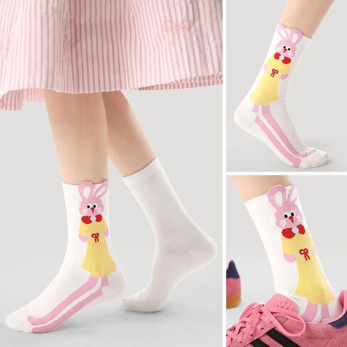Teen Girls Cute Cat & Rabbit Cartoon Crew Socks Vibrant Multi-Color Animal Prints 3-Pack Funky Socks in Saudi Arabia