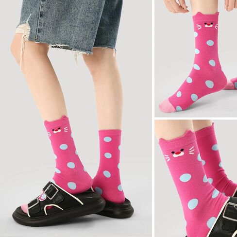 Teen Girls Cute Cat & Rabbit Cartoon Crew Socks Vibrant Multi-Color Animal Prints 3-Pack Funky Socks in Saudi Arabia