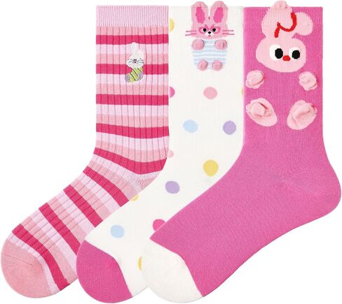 Teen Girls Cute Cat & Rabbit Cartoon Crew Socks Vibrant Multi-Color Animal Prints 3-Pack Funky Socks in Saudi Arabia
