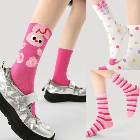 Teen Girls Cute Cat & Rabbit Cartoon Crew Socks Vibrant Multi-Color Animal Prints 3-Pack Funky Socks in Saudi Arabia