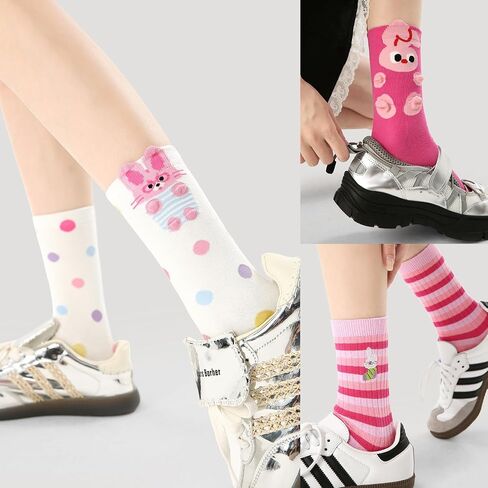 Teen Girls Cute Cat & Rabbit Cartoon Crew Socks Vibrant Multi-Color Animal Prints 3-Pack Funky Socks in Saudi Arabia
