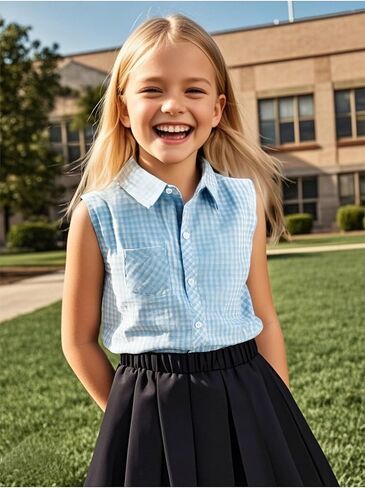 Girls Plaid Sleeveless Button Down Shirt Summer Crop Tops Tie Knot Blouse Tank Tops 4-13Y in Kuwait