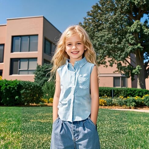 Girls Plaid Sleeveless Button Down Shirt Summer Crop Tops Tie Knot Blouse Tank Tops 4-13Y in Kuwait