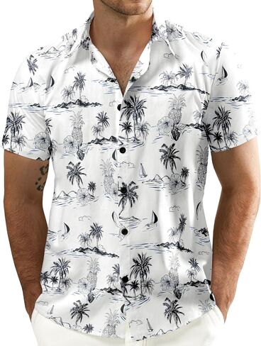 JOGAL Men's Flower Cotton Button Down Short Sleeve Hawaiian Shirt in Saudi Arabia